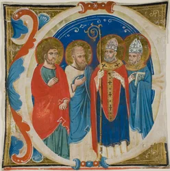 Due santi e due vescovi in una iniziale istoriata "E" da un libro corale