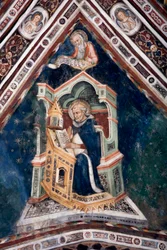 Vista del dettaglio di un affresco che decora una delle volte della Chiesa Superiore raffigurante i quattro dottori della Chiesa Romana: Sant