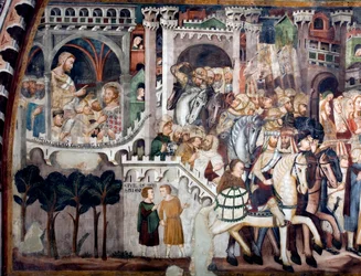 Vista del dettaglio di un affresco che decora la Chiesa Superiore raffigurante la salita al Calvario: a sinistra Gesù davanti a Ponzio Pilato.