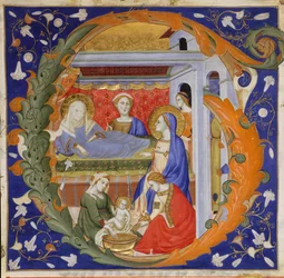 Illustrazione del Manoscritto con la Nascita della Vergine in una Iniziale G, da un Graduale