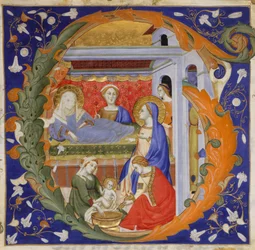 Illustrazione del Manoscritto con la Nascita della Vergine in una Iniziale G, da un Graduale