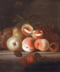 Natura morta di pesche e altra frutta (olio su tela)