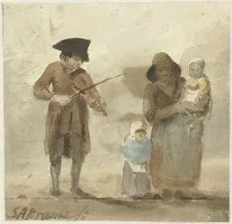 Musicista di strada con donna e bambini