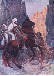 Un uomo alto vestito di pelli di capra saltò nel mezzo del sentiero e afferrò le redini del cavallo del saraceno con entrambe le mani