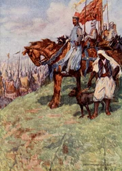 Cuor di Leone seduto a cavallo, al suo fianco lo schiavo nubiano che tiene al guinzaglio un cane da caccia, illustrazione da "The Talisman: A Tale of the Crusaders" di Sir Walter Scott (litografia a colori)