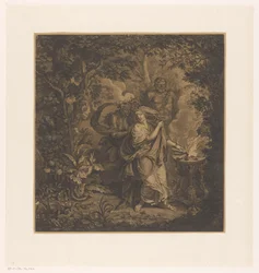 Scena mitologica con una regina che offre in un bosco, forse Altea, e tre gorgoni