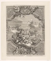 Affresco sul soffitto a Versailles: Apollo distribuisce ricompense alle Arti e alle Scienze, Minerva incorona il genio della Francia