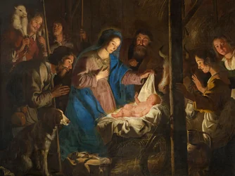 Chiesa parrocchiale (Onze-Lieve-Vrouw-Hemelvaartkerk). Interno. Dipinto. Scena di Natale. Simon De Paepe. Origine abbazia di Ename (?).