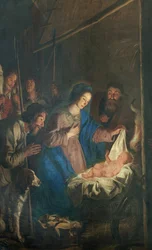 Chiesa parrocchiale (Onze-Lieve-Vrouw-Hemelvaartkerk). Interno. Dipinto. Scena di Natale. Simon De Paepe. Origine abbazia Ename (?)