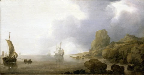 Barche nelle acque basse di una baia rocciosa, una visione romantica e idealizzata, di Simon de Vlieger (1600-1653)