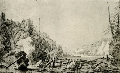 Paesaggio con un fiume tra rive montuose