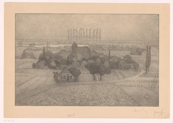 Paesaggio con villaggio vicino a un fiume