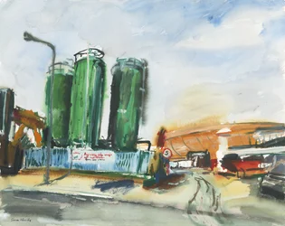 Zona di costruzione e porta gas (acquerello e gouache su carta)