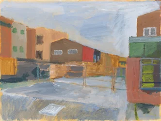 Piazzale ed edifici, 2025 (acrilico su tela)