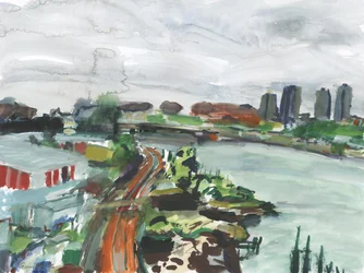 Veduta del fiume Harlem (acquerello e gouache su carta)