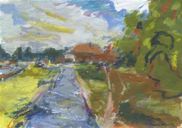 Pavenment  shortcut to houses, 2024 (acrilico, acquerello, matite acquerellabili e pastello a olio su carta)