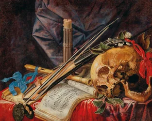 Vanitas natura morta con viola, clarinetto, teschio, spartiti e candela