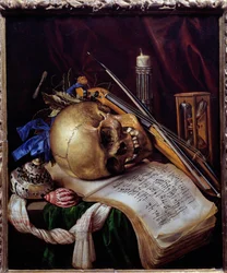 Vanità. Natura morta con teschio, spartiti, strumenti musicali, conchiglie e clessidra. Dipinto di Simon Bernard di Saint Andre, 1650. Marsiglia, Museo delle Belle Arti