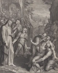 La resurrezione di Lazzaro, con Cristo in piedi a sinistra