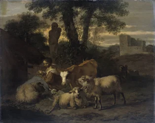 Paesaggio italiano con pastorella e greggi