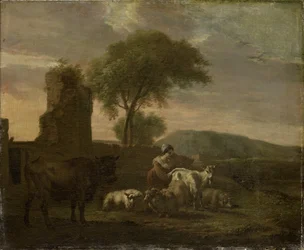 Paesaggio italiano con pastorella e greggi