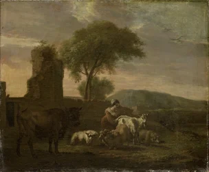 Paesaggio italiano con pastora e greggi