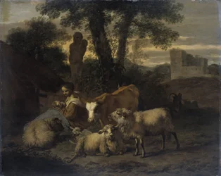 Paesaggio italiano con pastorelle e greggi