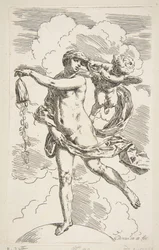 Fortuna in piedi su un globo che svuota una borsa di monete, ca. 1635-1636