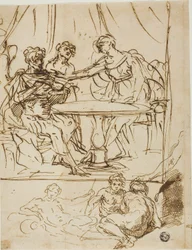 Giuditta con la testa di Oloferne e schizzi di dei fluviali (recto); Testa femminile, guardando verso l