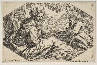 Riposo in Egitto, Maria che tiene e guarda il bambino Gesù mentre San Giuseppe, ca. 1637-1639