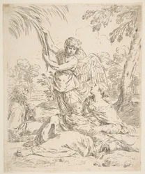 Riposo in Egitto, Maria che allatta il bambino Gesù mentre un angelo tira i rami degli alberi, ca. 1639