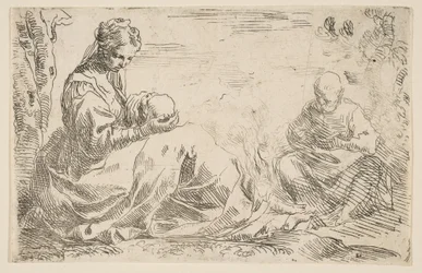 Riposo durante la fuga in Egitto, Maria tiene e guarda il bambino Gesù, ca. 1637