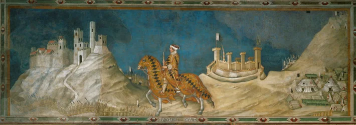 Guidoriccio da Fogliano, condottiero, a cavallo tra i monti brulli che circondano Siena (dipinto murale)