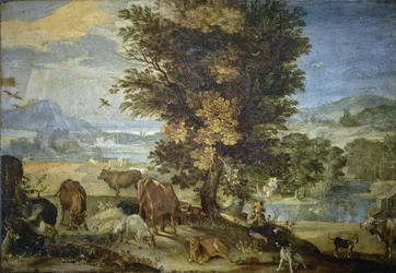 Paesaggio con pastore e animali