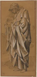 Figura drappeggiata in piedi di profilo a sinistra