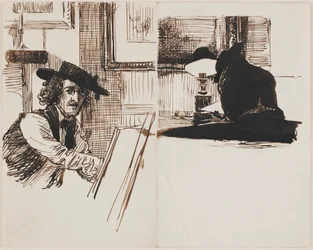 Whistler che Disegna Poynter; Vista Posteriore di un Uomo Seduto a un Tavolo Vicino a una Lampada Accesa