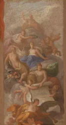Uno schizzo di gratitudine incoronata dalla pace, con altre figure allegoriche di industria, fama e abbondanza