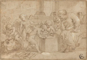 Uomo anziano che osserva putti dissezionare un occhio