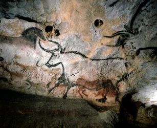 Arte paleolitica di tori, cervi e cavalli sulle pareti di calcite della grotta di Lascaux, Francia