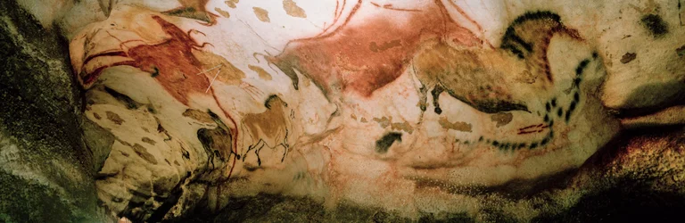 Le mucche rosse e i cavalli cinesi si divertono lungo una parete nella Galleria Assiale, Grotta di Lascaux