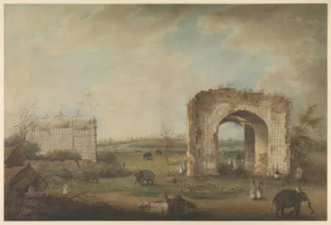 Veduta di una moschea e del portale a Motijhil, c.1814-23