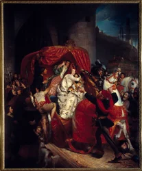 Rivolta di Bruges del 1436: «La duchessa di Borgogna alle porte di Bruges». Isabella del Portogallo (1397-1471) fu arrestata con il figlio Carlo il Temerario sotto le fortificazioni. Dipinto di Sophie Rude (1797-1867), 1841. Sole. 1,84x1,5 m. Digione