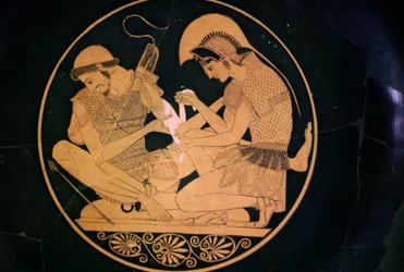 Pittura su vaso greco di Achille e Patroclo