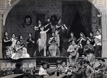 Siviglia, Spagna, scena di danza e musica flamenca in un caffè. Fotografia, fine XIX secolo