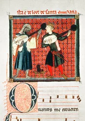 Un moro e un cristiano che suonano il liuto, miniatura in un libro di musica dalle 