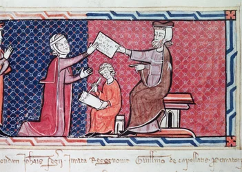Una donna che giura davanti al re Giacomo I (1207-76) di Maiorca, dettaglio del magistrato, della donna e dello scriba, dal Capbreu de Clayra et de Millas, 1292