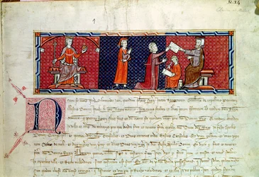 Una donna che giura davanti al Re Giacomo I (1207-76) di Maiorca, dal Capbreu de Clayra et de Millas, 1292
