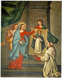 Un santo presenta un ritratto di San Domenico alla Vergine Maria