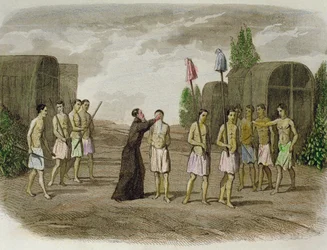 Uno schiavo indigeno della tribù Tupinamba viene battezzato da un prete gesuita, vicino a Bahia nel 1550