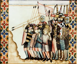 Esercito dei crociati (dettaglio) di una pagina tratta da un manoscritto del Canto di Santa Maria (Cantigas de Santa Maria), decorato con miniature dedicate a Santa Maria e ai suoi miracoli, una raccolta di canti redatta sotto il regno di Alfonso X il sagg